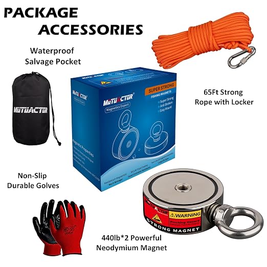 MUTUACTOR Neodymium Fishing Magnet,Combined 880lbs Double Sided Strong Fishing Magnet Heavy Duty with 65Ft Salvage Rope,Durable Gloves,Waterproof Bag for Retrieving Tools Find Treasure