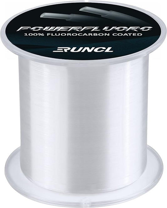 RUNCL Fluorocarbon Fishing Line, PowerFluoro Clear Ice Fishing Leader Line - Virtually Invisible, Faster Sinking, Extra Sensitivity, 300/500/1000yds, 5-32lb Break Strength, Fishing Gifts