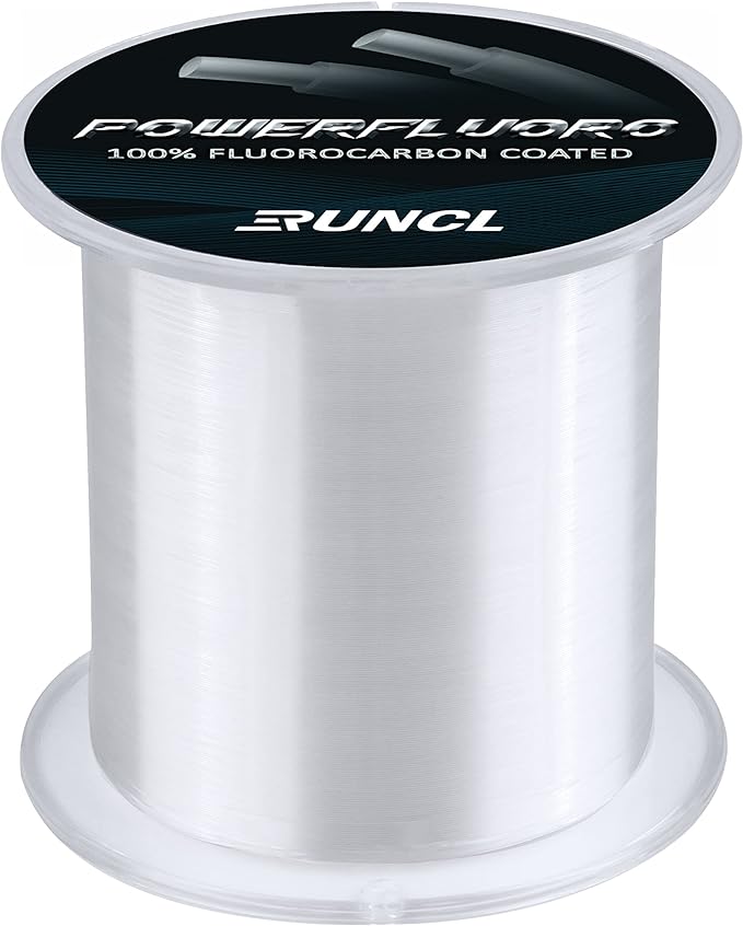 RUNCL Fluorocarbon Fishing Line, PowerFluoro Clear Ice Fishing Leader Line - Virtually Invisible, Faster Sinking, Extra Sensitivity, 300/500/1000yds, 5-32lb Break Strength, Fishing Gifts