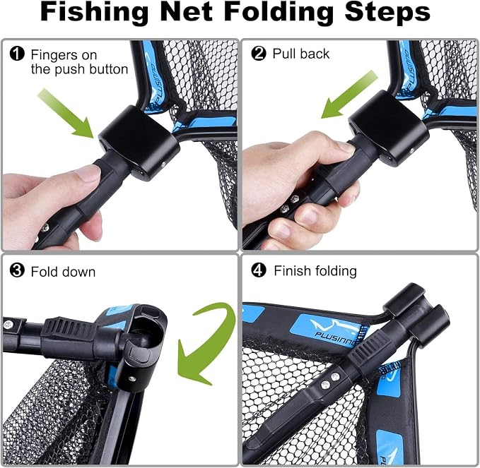 PLUSINNO Floating Fishing Net for Steelhead, Salmon, Fly, Kayak, Catfish, Bass, Trout Fishing, Rubber Coated Foldable Landing Net with Fixed or Telescoping Pole Handle, Fishing Gear and Gifts for Men
