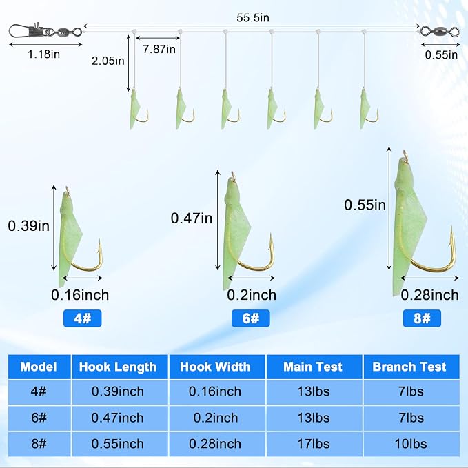 OROOTL Fishing Bait Rigs Saltwater, 6 Packs Surf Fishing Rigs with Sharp Hooks Fish Skin Feather Swivel Snap Glow Saltwater Lures Sea Bass Cod Herring Hook Rig Size 4 6 8