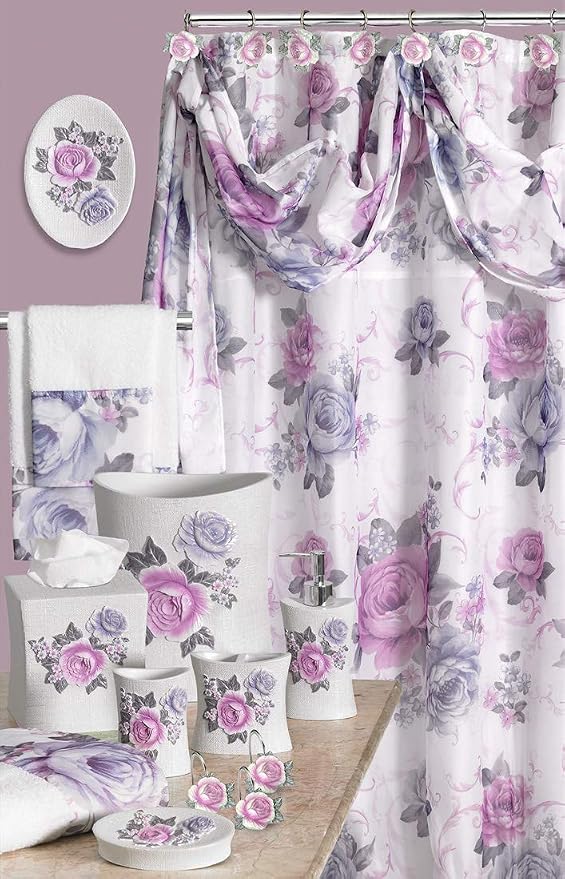 Zahari Home 13pc Michelle Bathroom Shower Curtain Sets Shower Curtain & 12 Shower Bathroom Hooks Modern Classic Luxury Contemporary Decor Floral Shower Curtain Stylish Bath Sets
