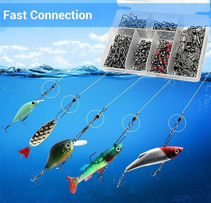 110Pcs Strong Fishing Snap Swivels Kit, Include Rolling Barrel Swivels, Premium 3 Ways Fish Line Connector with Snaps Clips, Fishing Terminal Accessories Tackle Box for Lures Sinkers