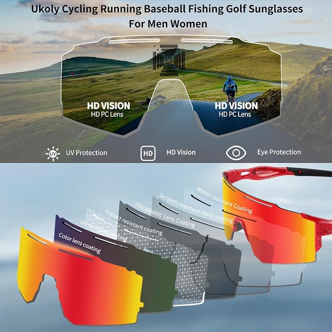 Ukoly Cycling Sunglasses for Men Women with 3 Interchangeable Lenses, Polarized Sports Sunglasses, Baseball Sunglasses