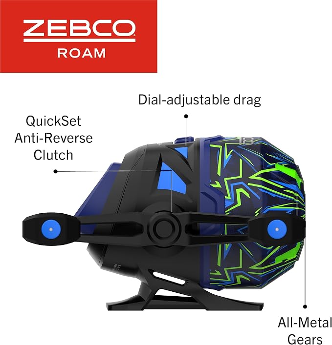 Zebco Roam Spincast Reel and Fishing Rod Combo, 6-Foot 2-Piece Fiberglass Fishing Pole with ComfortGrip Handle, Quickset Anti-Reverse Fishing Reel, Pre-Spooled with 10-Pound Zebco Line