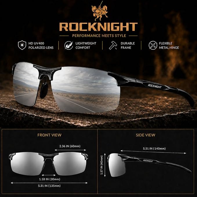 ROCKNIGHT Polarized Rectangular Sunglasses for Men Driving UV400 Protection Lightweight Al‑Mg Frame