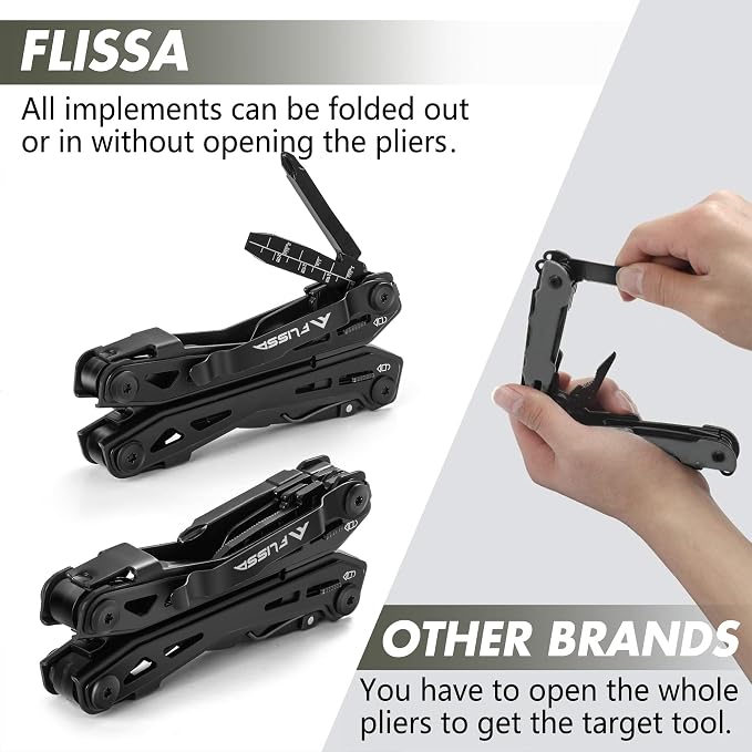 FLISSA 16-in-1 Stainless Steel Multi Tool, Gifts for Men Dad, EDC Multitool with Pocket Knife, Pliers, Belt Clip and Oxford Sheath, Self-locking Utility Multi-Tool for Camping Survival Outdoor