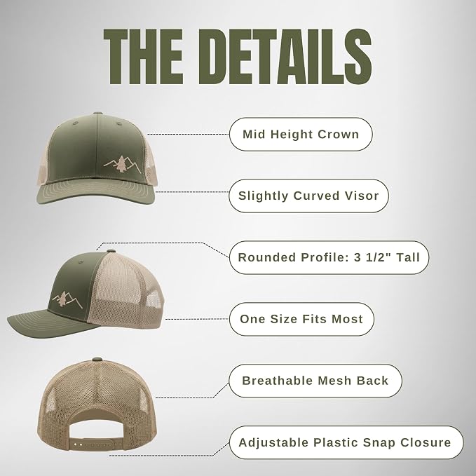 LINDO Trucker Hat [ Great Outdoors Design ] for Men and Women: Mid Profile Cap with Breathable Mesh Back and Adjustable Snap