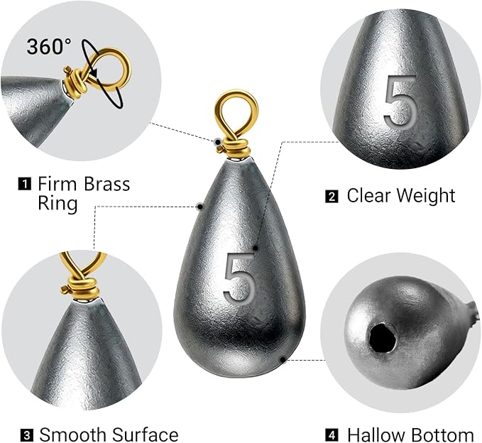 Casting Sinker Weights Assortment, Teardrop Fishing Sinkers with Brass Swivel Loops, 1/8 oz to 3/4 oz, Drop Shot Weights for Bass Catfish, Freshwater Saltwater
