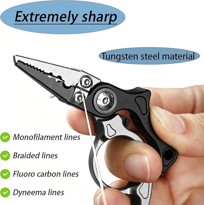 Mini Fishing Pliers with Zinger Retractor, Split Ring Pliers for Saltwater & Freshwater, Tungsten Carbide Braid Cutters & Hook Remover, Compact Multitool for Freshwater Fly Fishing,Bass Fishing