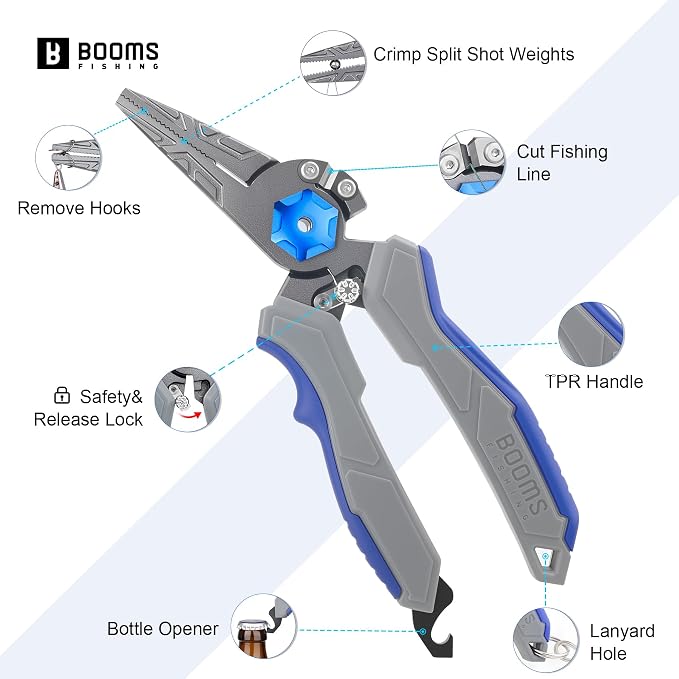 Booms Fishing Pliers Hook Remover: 8.1" Angled Carbon Steel Fish Pliers for Saltwater - Fishing Line Cutter with Lanyard - Braided Cutters & Crimper with Safety Lock, Multi-Function Gear for Men, F09