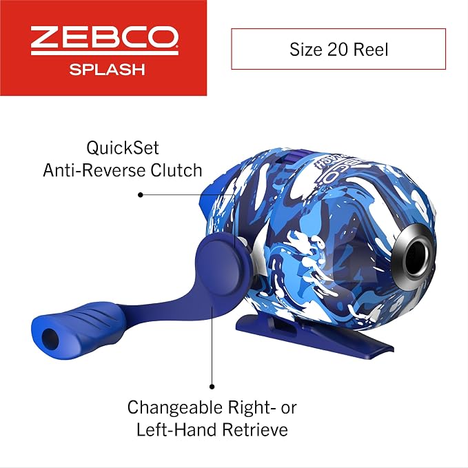 Zebco Splash Spincast Reel and Fishing Rod Combo, Fiberglass Rod, Ball Bearing System, All Metal Gears, 8-Pound Line