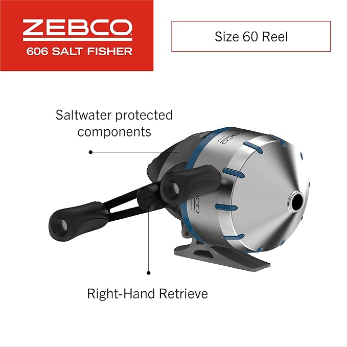 Zebco 606 Salt Fisher Spincast Reel and Fishing Rod Combo, 7-Foot 2-Piece Telescopic Rod, Size 60 Reel, 19-Piece Eagle Claw Tackle Kit