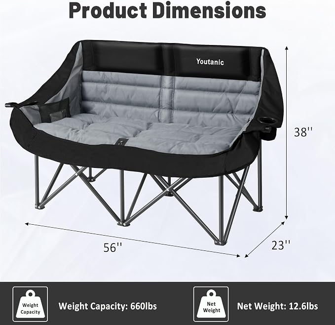 Youtanic Oversized Extra Large Double Padded Camping Chair up to 660lbs, Folding Loveseat Camp Couch with Pocket, Carry Bag, Portable Camping Chairs for Adults, Fishing, Sports, Trip, Black