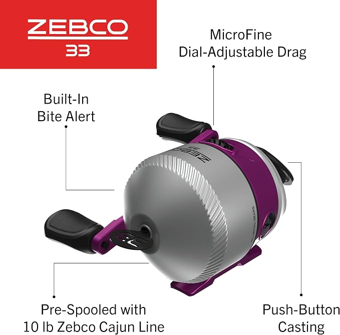 Zebco 33 Spincast Fishing Reel, Size 30 Reel, Right or Left-Hand Retrieve, Built-in Bite Alert, Durable All-Metal Gears, Silver/Pink (Clam Packaging)