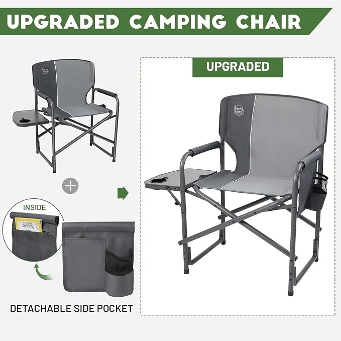 Timber Ridge Aluminum Oversized Camping Chair, Lightweight Portable Directors Chair with Side Table Detachable Side Pocket for Outdoor Camping, Lawn, Picnic, Support 400lbs Gray