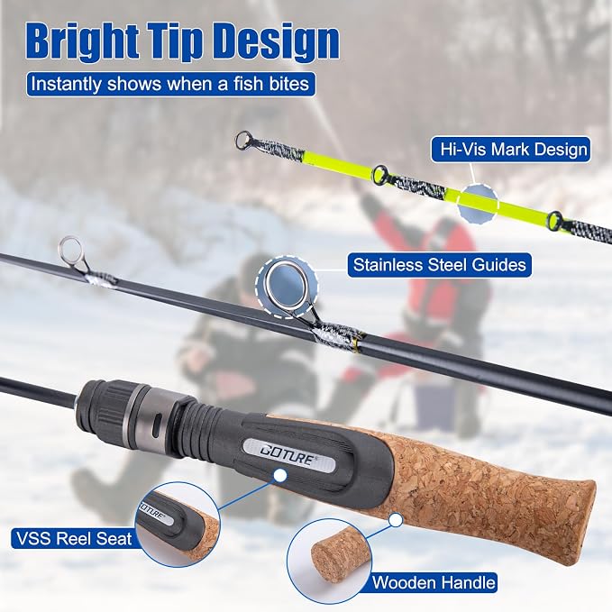 Goture Ice Fishing Rod and Reel Combo with Carry Bag, 24''Medium Spinning Ice Fishing Pole, 58Pcs Jigs & Lures with Storage Box, Line,Fish Gripper, Pliers and Tools for Trout Bass Walleye