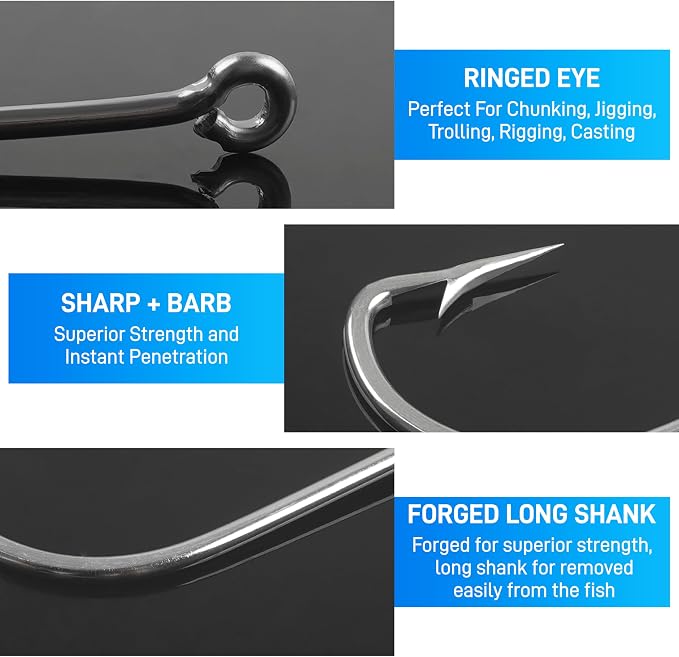 Saltwater Fishing J Hooks,35pcs O'Shaughnessy Forged Extra Strong Stainless Steel 34007 Trolling Long Shank Fishing Hooks for Sea Bass Striper Bluefish Catfish Snapper Saltwater Freshwater Fishing