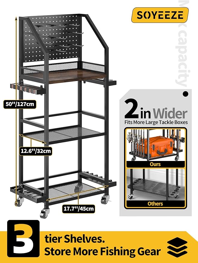 SOYEEZE Fishing Rod Holders for Garage with Pegboard and Lockable Wheels, 3-Tier Fishing Pole Rack with 10 Hooks, Fishing Gear Tackle Box Organizer Up to 12 Rods, Rolling Fishing Storage Cart