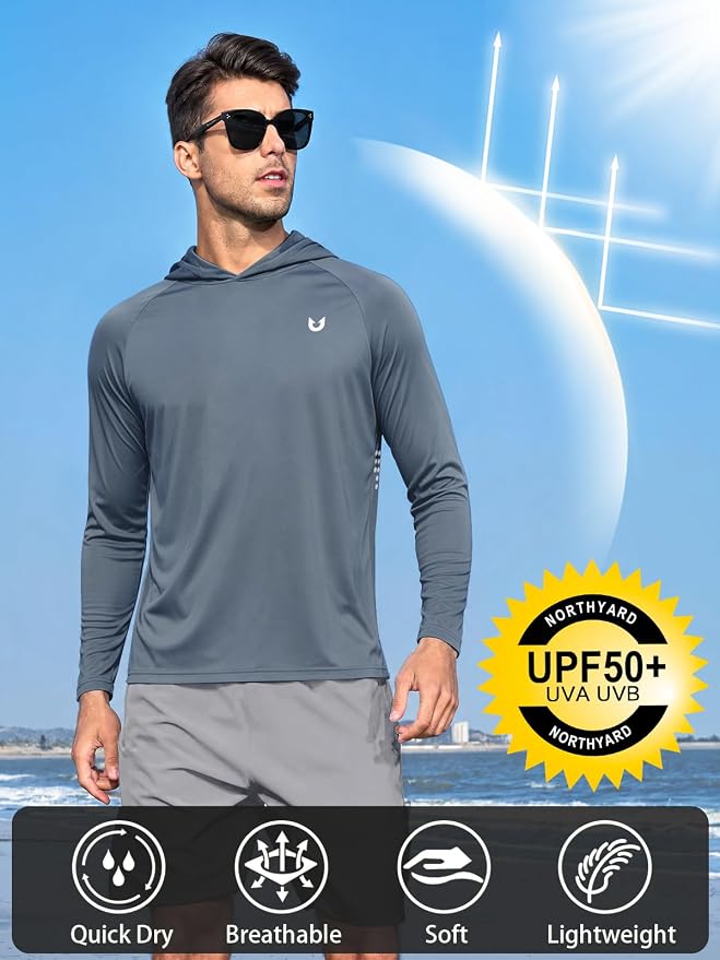 NORTHYARD Men's UPF 50+ Rash Guard Hoodie Long Sleeve Sun Protection Shirt Fishing Swim Beach Hiking Quick Dry Lightweight
