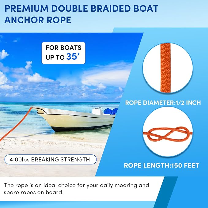 Boat Anchor Rope 150 ft x 1/2 inch Orange, Double Braided Anchor Line with Stainless Steel Thimble & Shackle, Marine Rope Ideal for Towing, Mooring, Decks, Anchoring, for Boats Up to 35'