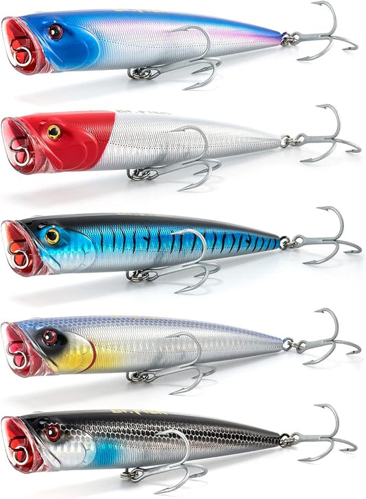 Dr.Fish Popper Saltwater Fishing Lures, 4/5.5 Inches GT Popper VMC Treble Hooks Surf Fishing Lures for Bass Striper Pike Salmon Offshore