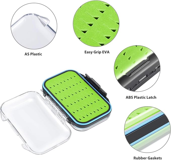 Gonex Fly Boxes for Fly Fishing Jig Boxes Two-Sided Waterproof Lightweight Fly Fishing Box Easy Grip Transparent Lid Fly Fishing Lures Box, 4.1"x 3.0"x 1.2", Green