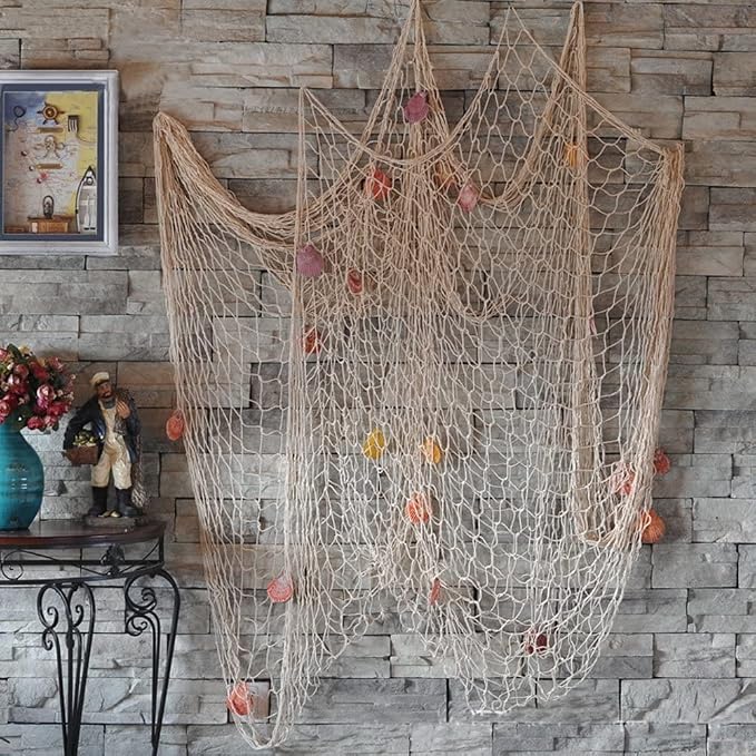 Nature Fish Net Wall Decoration with Shells, Ocean Themed Wall Hangings Fishing Net Party Decor for Pirate Party,Wedding,Photographing Decoration (2pack-Beige/Beige)
