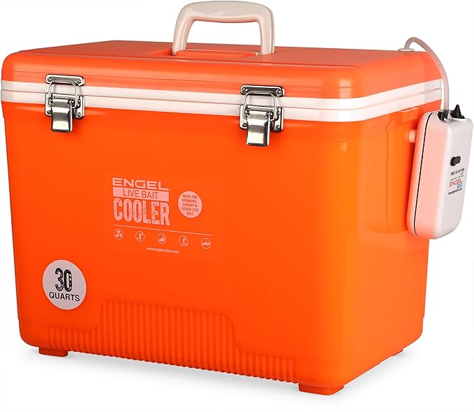 Engel Live Bait Cooler Box with 2nd Gen 2-Speed Aerator Pump - Portable Fishing Station & Minnow Bucket for Shrimp & Other Live Fish with Aerator - ENGLBC-N
