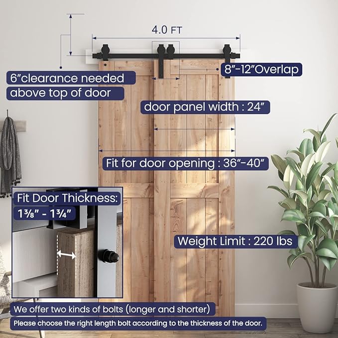 SMARTSTANDARD 4 Feet Bypass Sliding Barn Door Hardware Kit - for Double Wooden Doors-Single Track - Smoothly & Quietly - Easy to Install-Fit 36" Opening