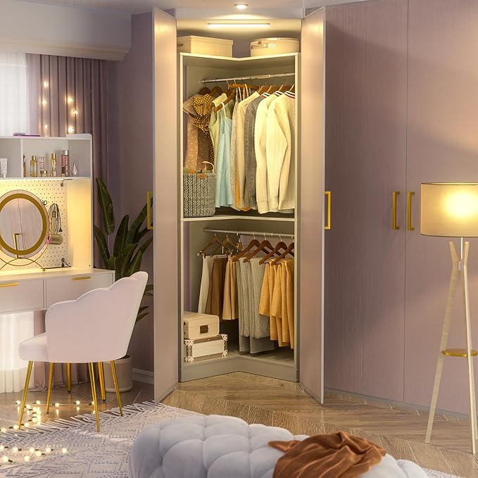 Armocity Corner Closet System, 32 Inches Wide Wood Corner Unit with 2 Hanging Rods and All Hardware Kits, 3-Tier 80'' Height Corner Wood Closet Tower, Grey