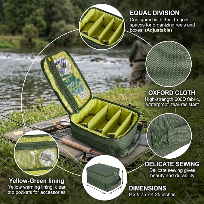 Fishing Tackle Bag Waterproof Fishing Bags Portable Fishing Reel & Gear Bag with 3 Adjustable Dividers for Spinning Baitcasting Fly Reels (Army Green)