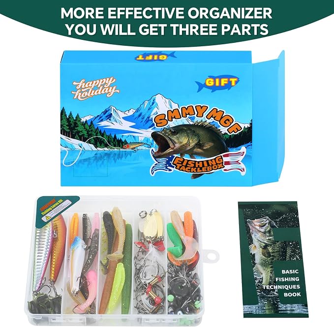 Fishing Tackle Box Kit with Fishing Techniques Book,142Pcs Lures Set Including Plugs,Spoon,Hooks, and Accessories,Saltwater & Freshwater Gear for Bass,Trout, Salmon. (142pcs Fishing Tackle Box)