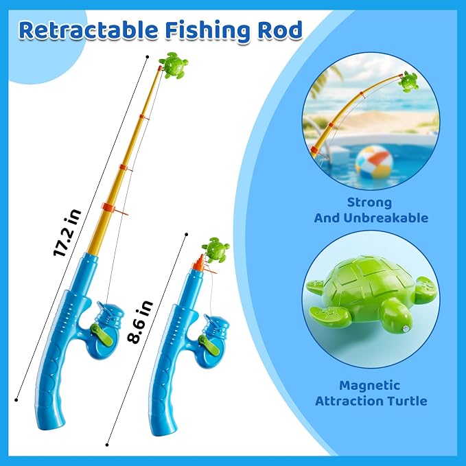 Magnetic Fishing Game Pool Toys for Kids 3 4 5 6 7 8, Water Table Bathtub Toys with Inflatable Pool, Bath Toys for Toddlers, Summer Outdoor Indoor Magnetic Fishing Toys Gifts for Boys Girls 3-5 4-8