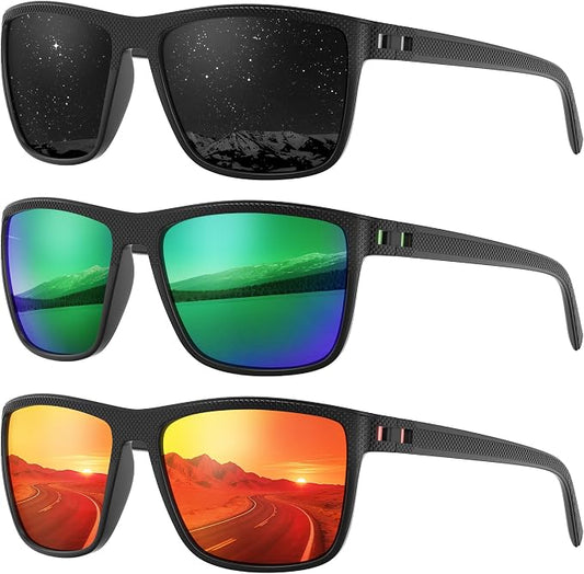 Fanshen Square Polarized Sunglasses for Men, 3 Pack Lightweight UV Protection Sun Glasses for Driving Fishing Golf