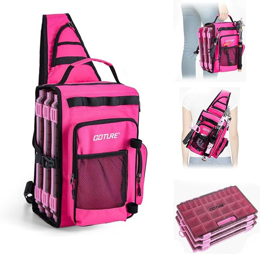 Goture OpenSide Tactical Sling Tackle Bag with 3 3700 Tackle Trays, Lightweight Fishing Backpack Storge Gear-Pink Bag Outdoor,Gift for women