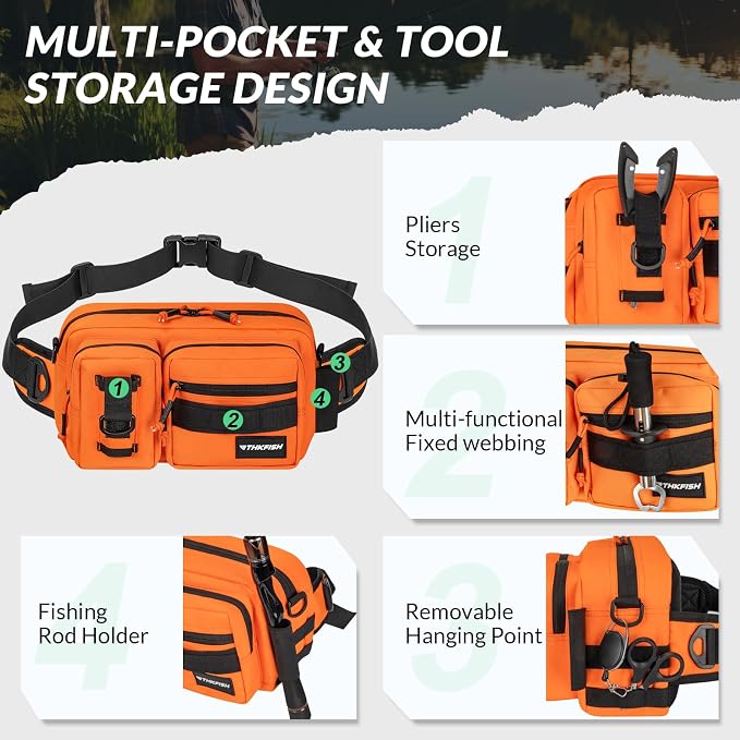 THKFISH Fishing Waist Pack - Waterproof Fanny Pack for Women & Men - Portable Sling Bag for Outdoor & Fly Fishing (ORANGE-LARGE)