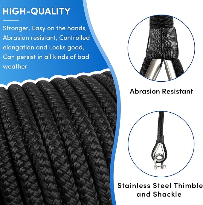 Boat Anchor Rope 150 ft x 1/2 inch Black, Double Braided Anchor Line with Stainless Steel Thimble & Shackle, Marine Rope Ideal for Towing,Mooring,Decks,Anchoring,for Boats Up to 35'