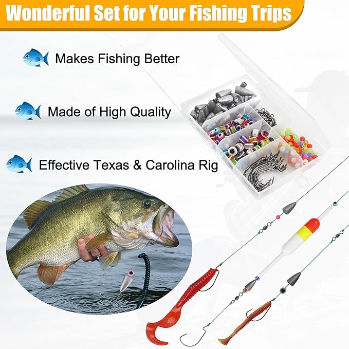 Texas and Carolina Rigs for Bass Fishing Worm Weights Bullet Sinkers Hooks Beads Rolling Barrel Swivels Fishing Accessories Tackle Kit 184pcs