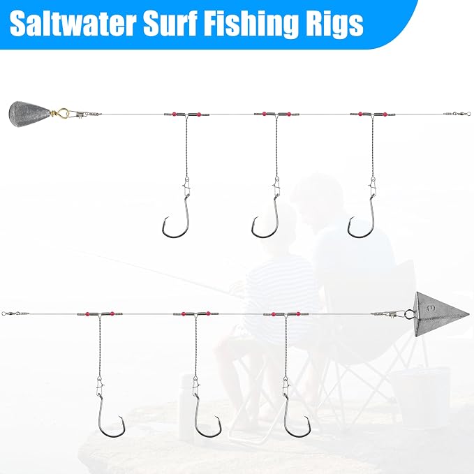Saltwater Surf Fishing Tackle Kit - Saltwater Surf Fishing Rigs Bottom Rigs Include Fishing Leader Rigs Pyramid Sinkers Bass Casting Sinker Circle Hooks for Striped Bass Red Drum Flounder