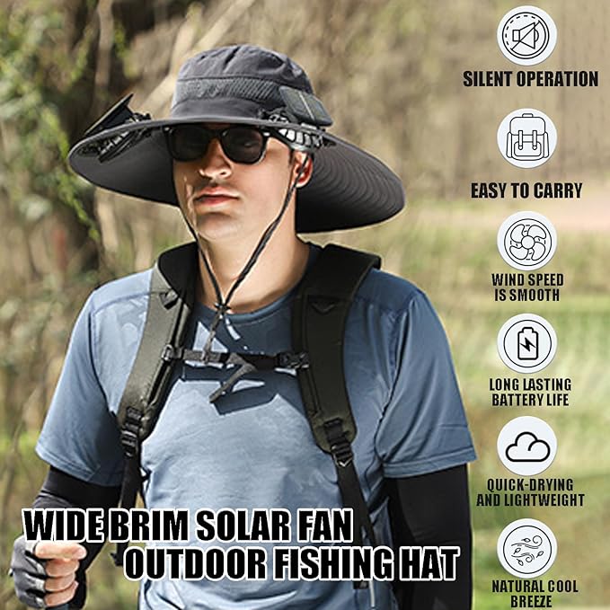 Hat with Fan,Solar Fan Hat,Wide Brim Sun Hat with 2 Solar Fan,for Outdoor Fishing,Waterproof Outdoor Hiking Camping Fishing