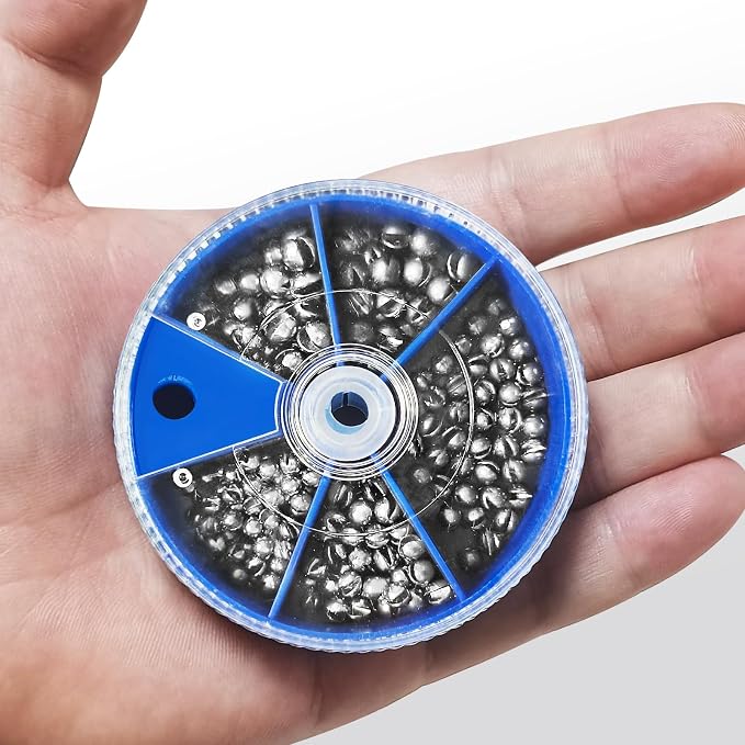 Split Shot Fishing Weights Sinkers, 200Pcs Fishing Split Shot Weights 5 Sizes, Removable Split Shot Sinkers for Fishing Line, Round Dispenser Box for Bass Trout Crappie Panfish