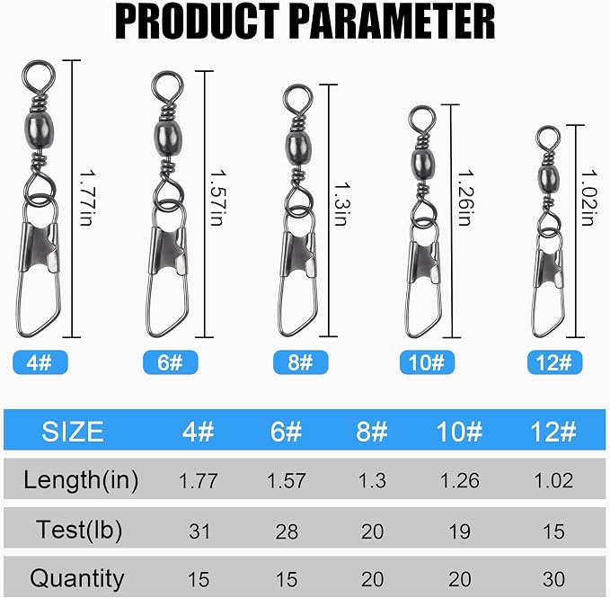 OROOTL Fishing Barrel Swivel Snap Kit, 100pcs Barrel Swivel with Safety Snaps Multiple Size Stainless Steel Copper Snap Swivels Quick Connect Fishing Tackle Accessories Box for Saltwater Freshwater
