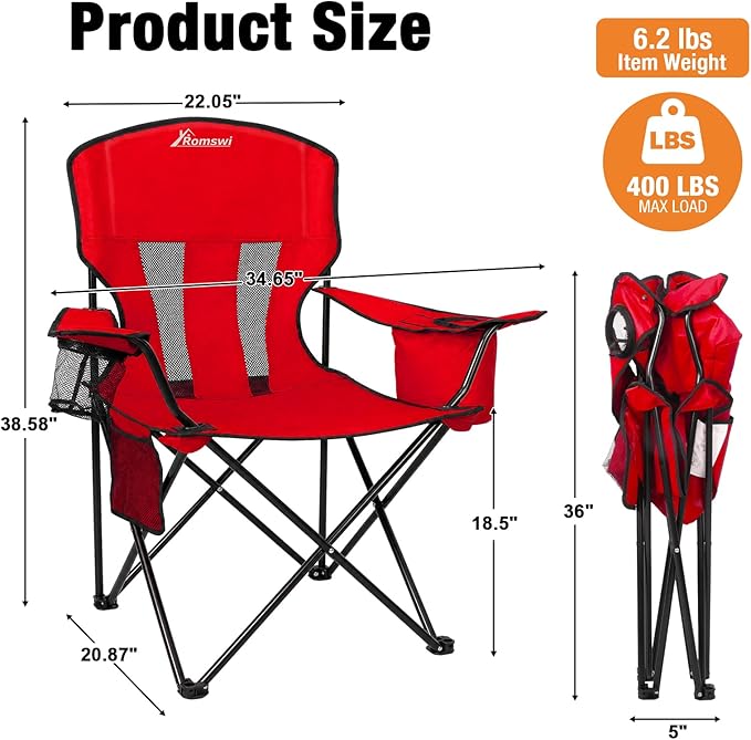 Camping Chairs for Adults 2 Pack, Folding Chair with 4-Can Cooler Bag & Cup Holder, Portable Heavy Duty Outdoor Chair for Camping, Beach, Lawn, Fishing, Red