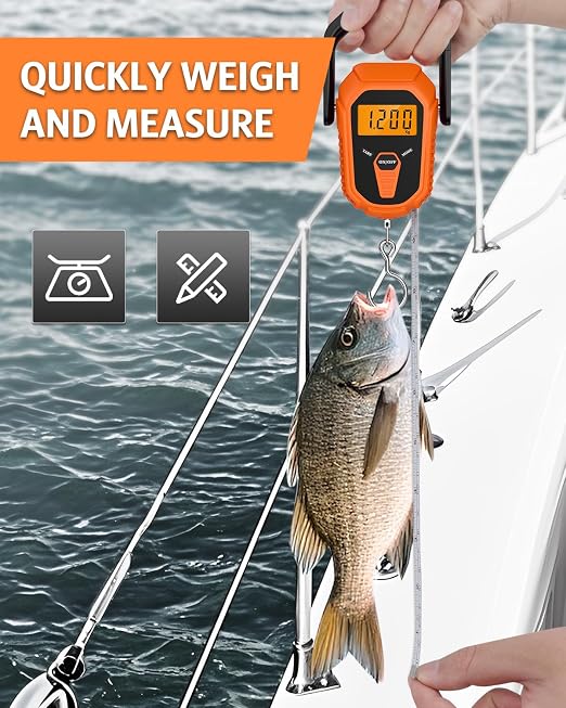 Digital Fishing Scale with Lip Gripper & Tape Measure, 110lb/50kg Waterproof Fish Weight Scale with LCD Display, Hanging Fish Weigher for Bass Fishing & Boat, Perfect Fishing Gifts for Men
