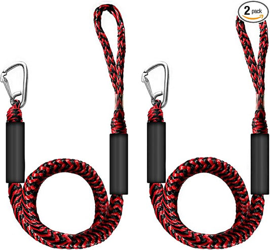 Bungee Dock Line with Stainless Steel Clip – Boat Dock Rope with Foam Float for Kayak, Canoe, Pontoon, Watercraft, SeaDoo, Docking – 4–5.5 ft, 2 Pack（Red&Black）