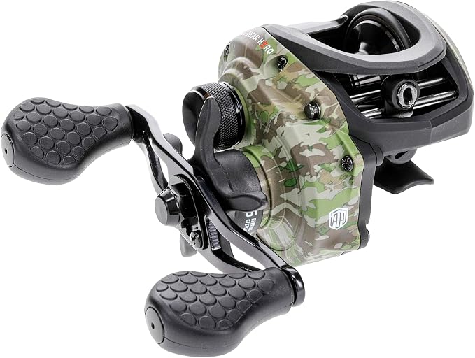 Lew’s American Hero Camo Baitcast Fishing Reel, 5+1 Bearings, 7.5:1 Gear Ratio, One-Piece Graphite Frame, Rulon Drag, Camo/Black