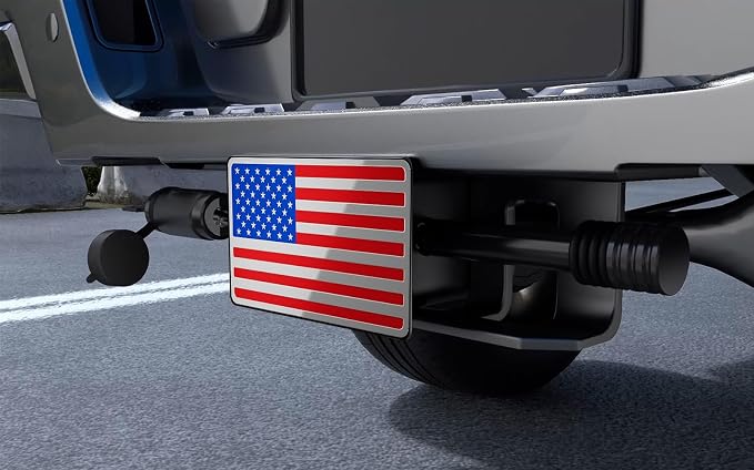 Heavy American Flag Metal Trailer Hitch Cover for 2" inch Receivers,Tow Hitch Covers 2 Inch for Truck Accessories (with 5/8-Inch Pin Diameter Trailer Hitch Lock, Chrome&Red&Blue