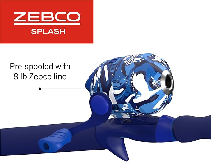 Zebco Splash Spincast Reel and Fishing Rod Combo, Fiberglass Rod, Ball Bearing System, All Metal Gears, 8-Pound Line