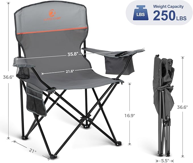 LET'S CAMP Camping Chair 2 Pack Folding Chair with 4-Can Cooler Bag Portable Lawn Chair with Cup Holder,Storage Pocket, Supports 250LBS, Collapsible Chair for Camp, Beach, Picnic (Grey)